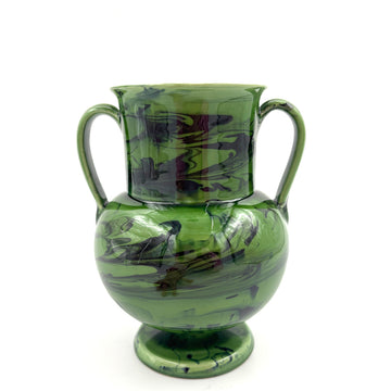 Apulian Amphora Vase in Green with Black Marble Glaze