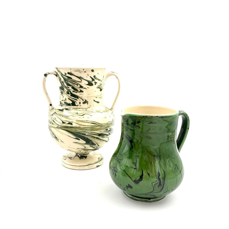 Apulian Amphora Vase in White with Green Marble Glaze