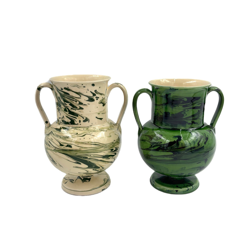 Apulian Amphora Vase in Green with Black Marble Glaze