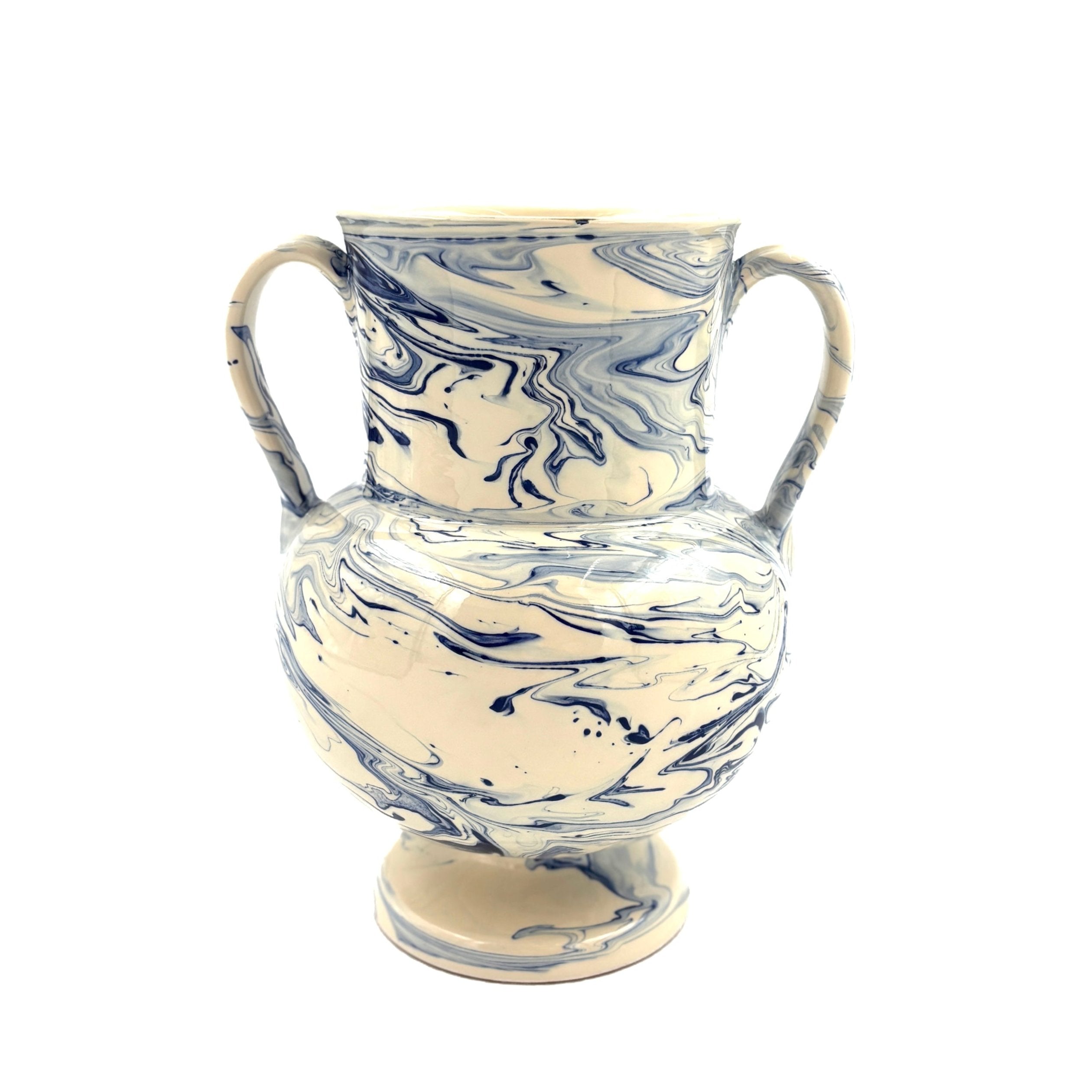 Apulian Amphora Vase in White with Blue Marble Glaze