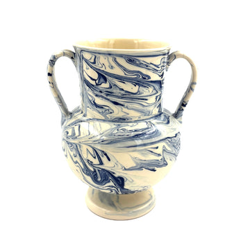 Apulian Amphora Vase in White with Blue Marble Glaze