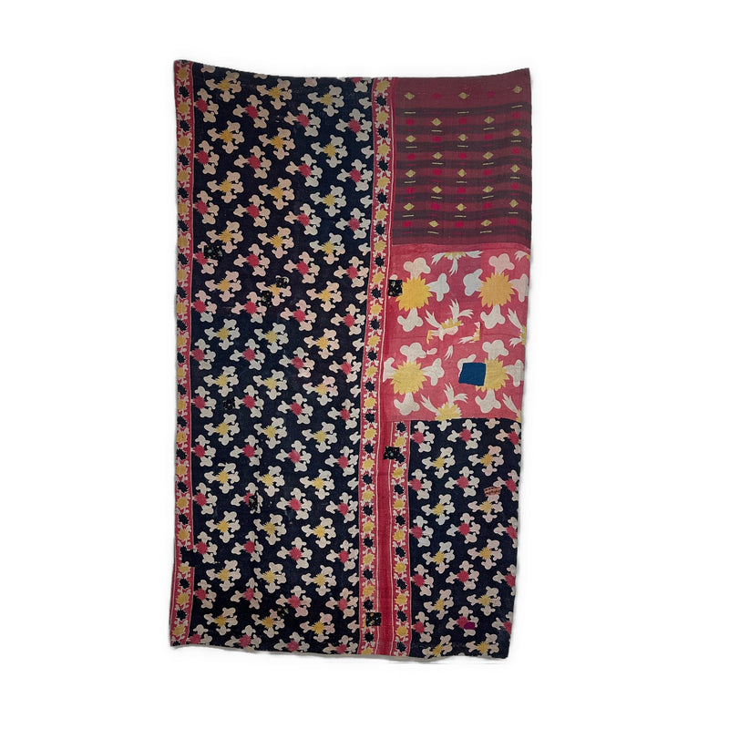 Vintage Indian Kantha Quilt, Navy & Crimson