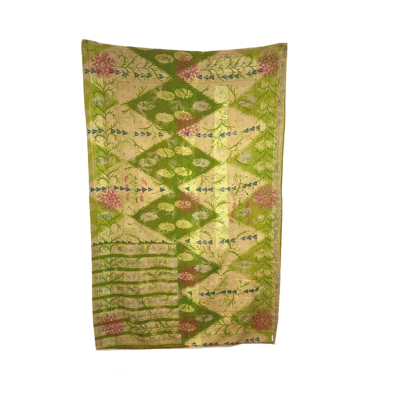 Vintage Indian Kantha Quilt, Green and Yellow