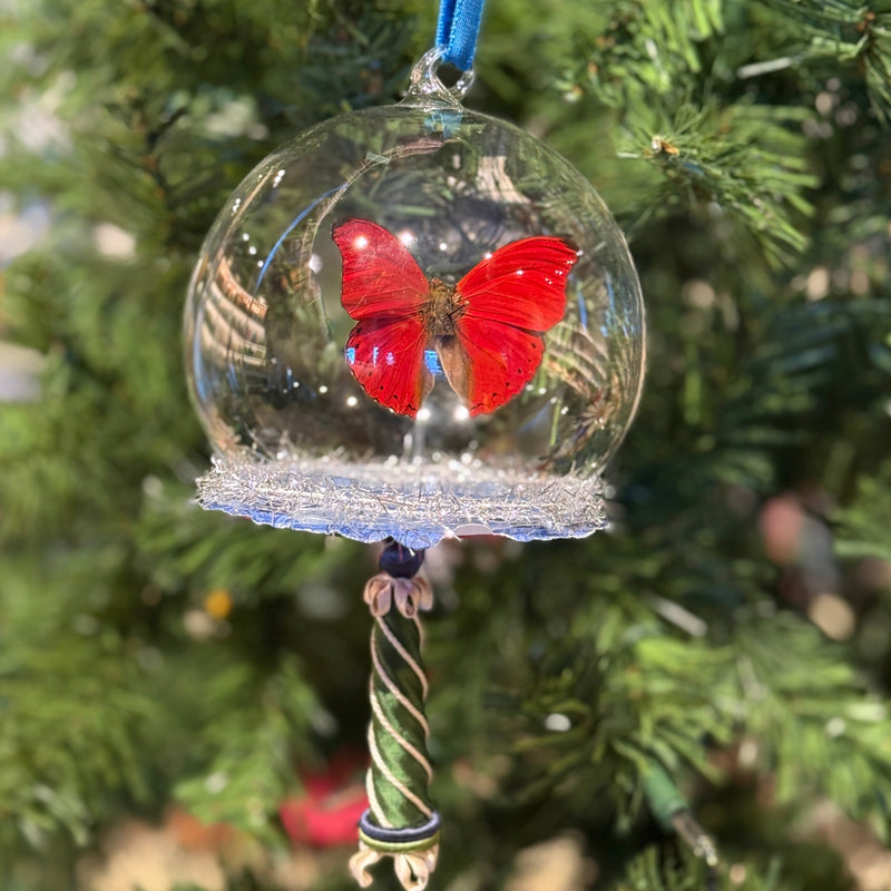 Butterfly Globe Ornament, Red with Green & Gold Tassel