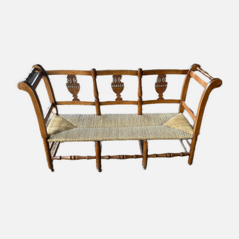 19th Century French Carved Walnut Bench with Rush Seat