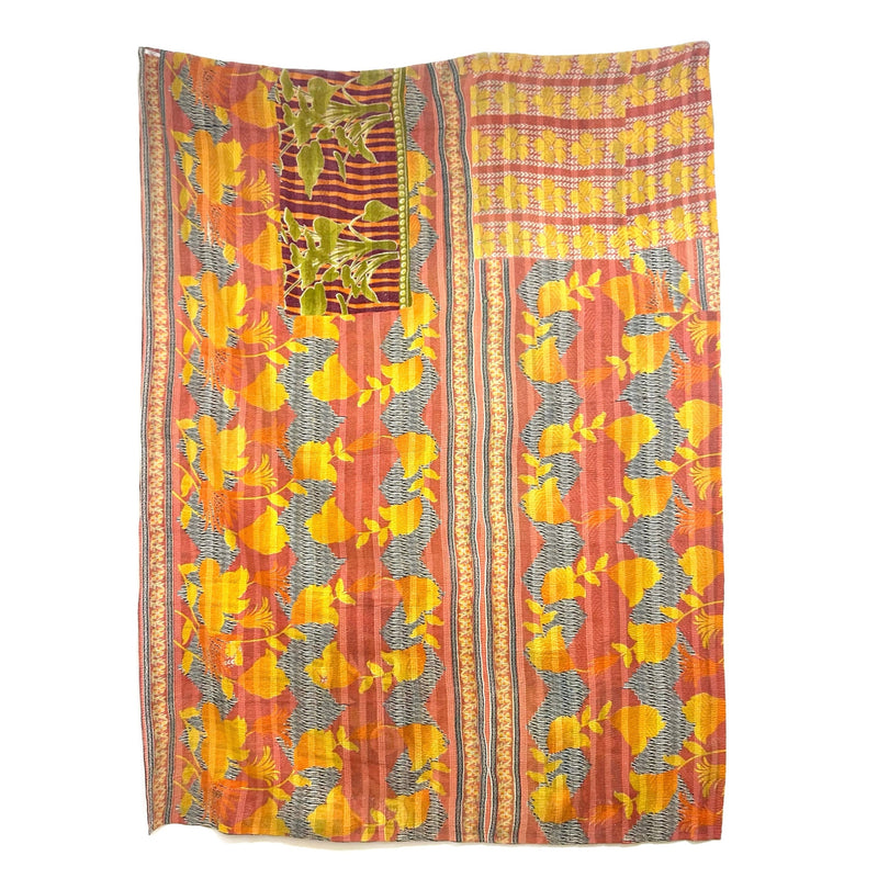 Vintage Indian Kantha Quilt, Blue & Orange