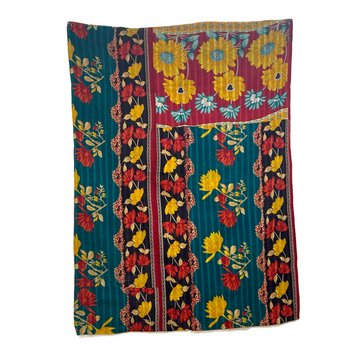 Vintage Indian Kantha Quilt, Teal, Red & Yellow
