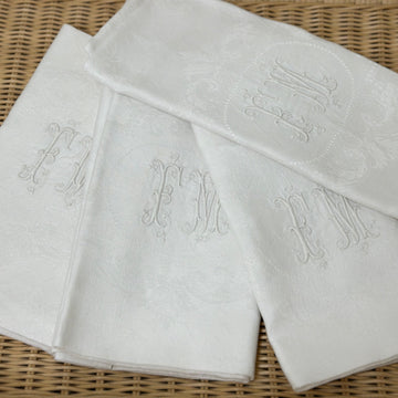 Set of 4 French Damask Monogrammed Napkins, Initials FM