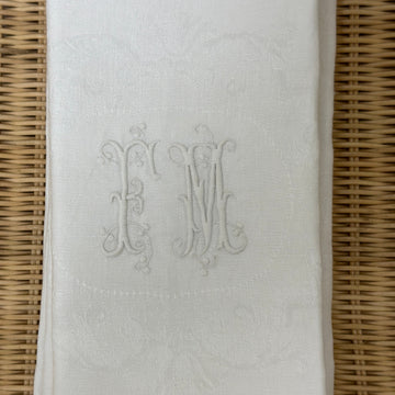 Set of 4 French Damask Monogrammed Napkins, Initials FM