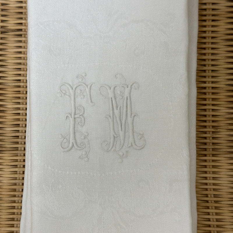 Set of 4 French Damask Monogrammed Napkins, Initials FM