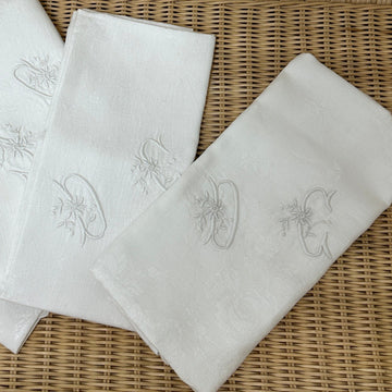 Set of 4 French Damask Monogrammed Napkins, Initials DG