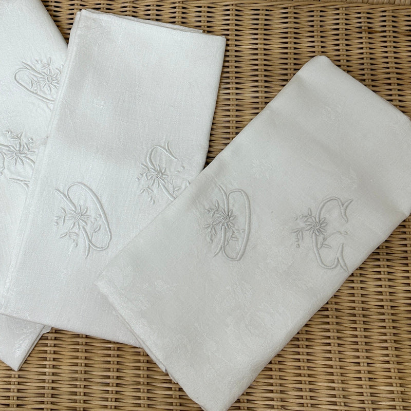 Set of 4 French Damask Monogrammed Napkins, Initials DG