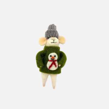 Green Sweater Snowman Felt Mouse Ornament