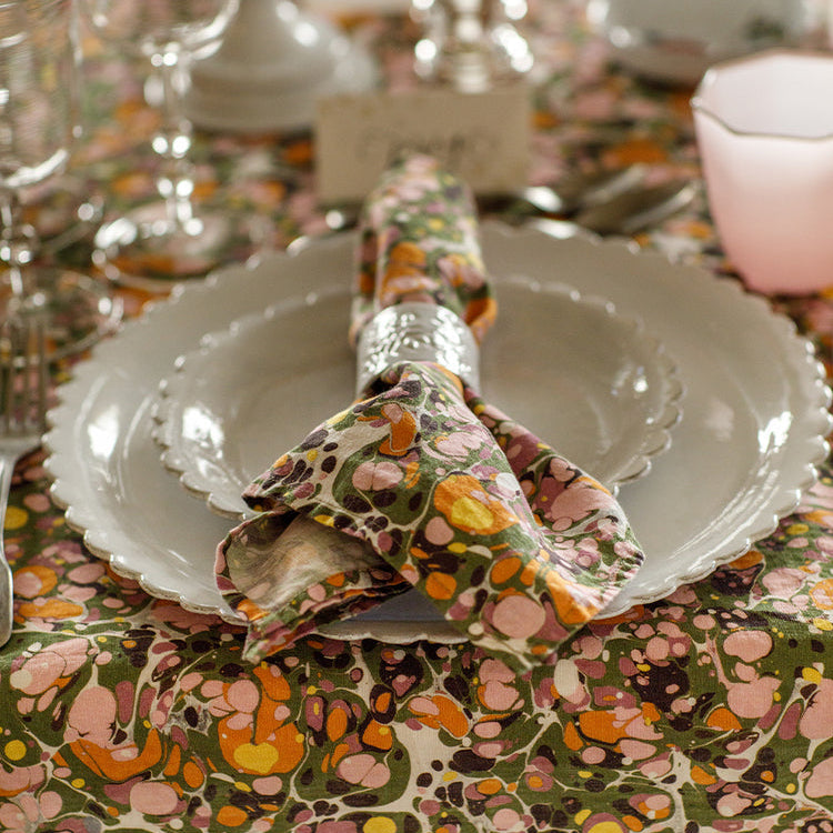 Summerill & Bishop Marble Linen Napkin, Green, Rose, Pink & Orange
