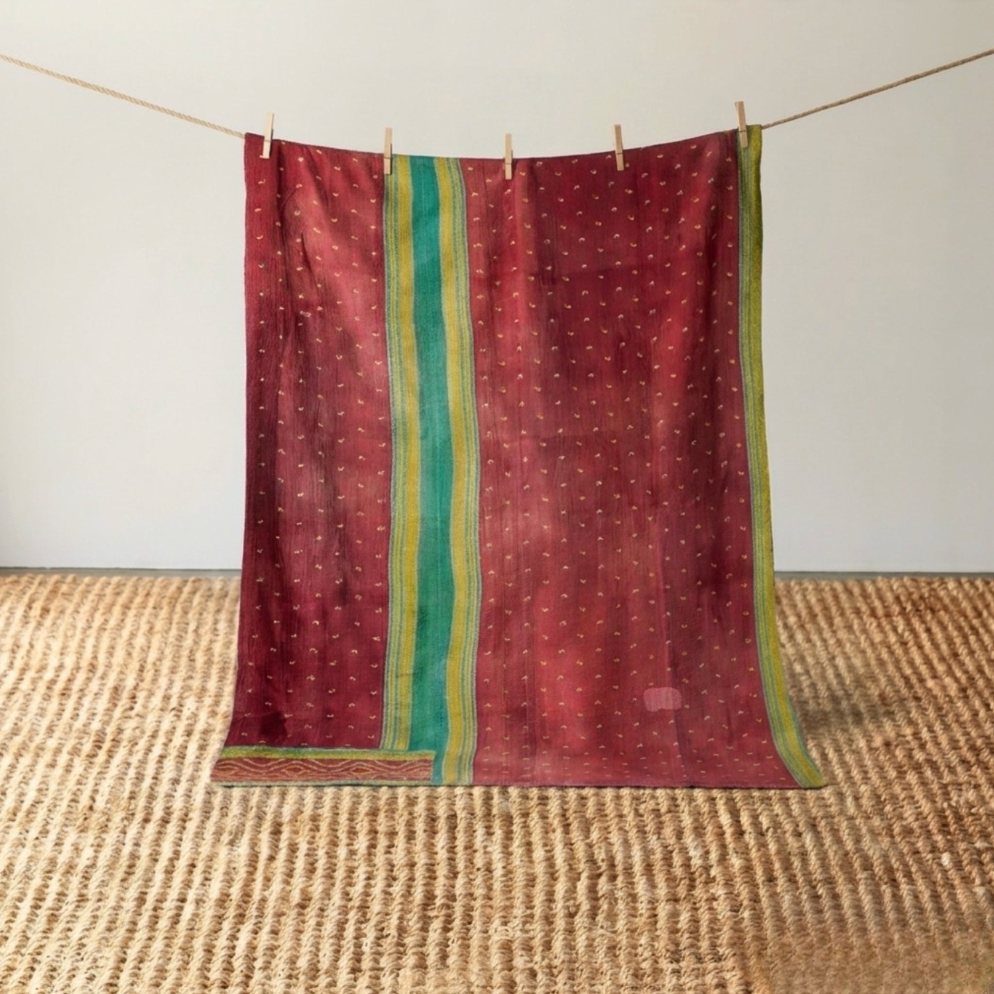 Vintage Indian Kantha Quilt, Indigo & Blush