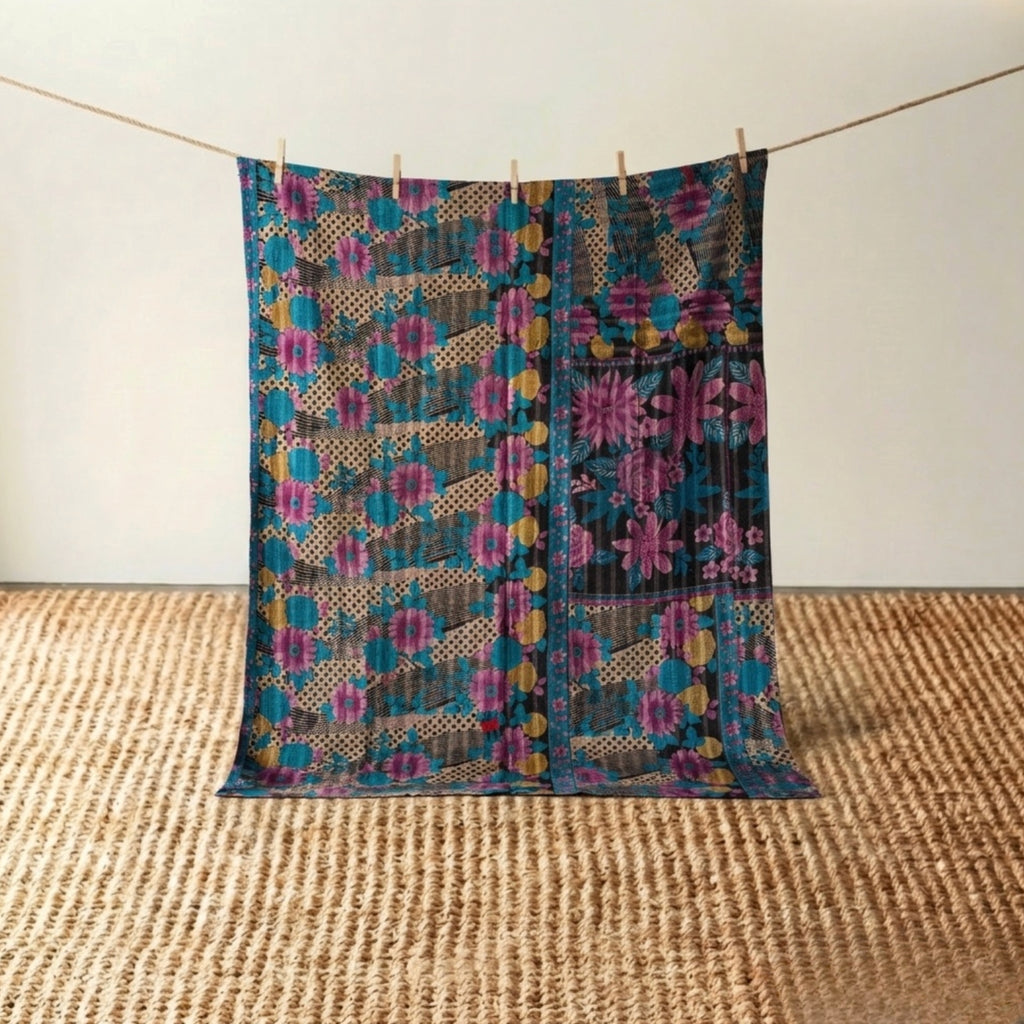 Vintage Indian Kantha Quilt, Black, Red, Green & Teal with Petal