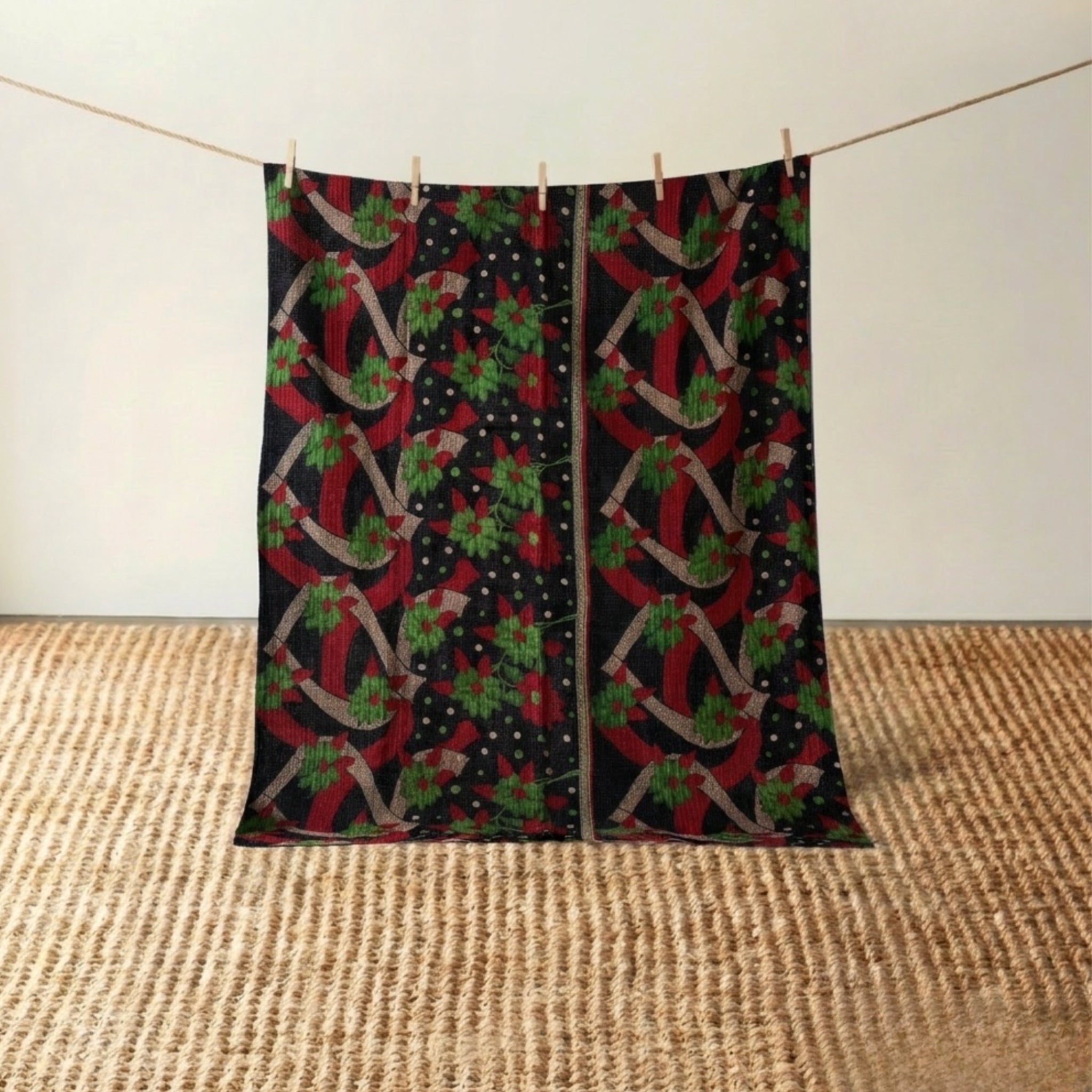 Vintage Indian Kantha Quilt, Black, Red, Green & Teal with Petal