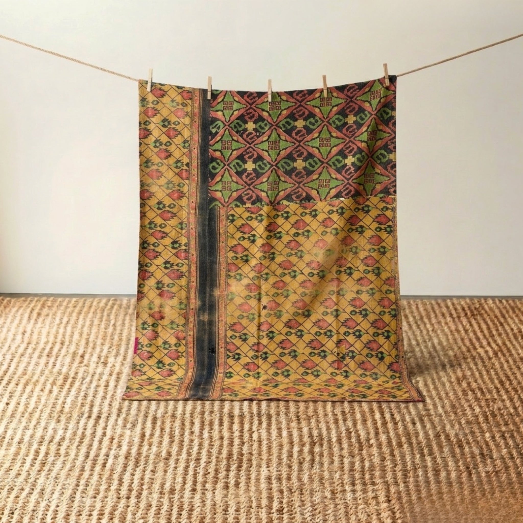 Vintage Indian Kantha Quilt, Yellow, Black with Rose