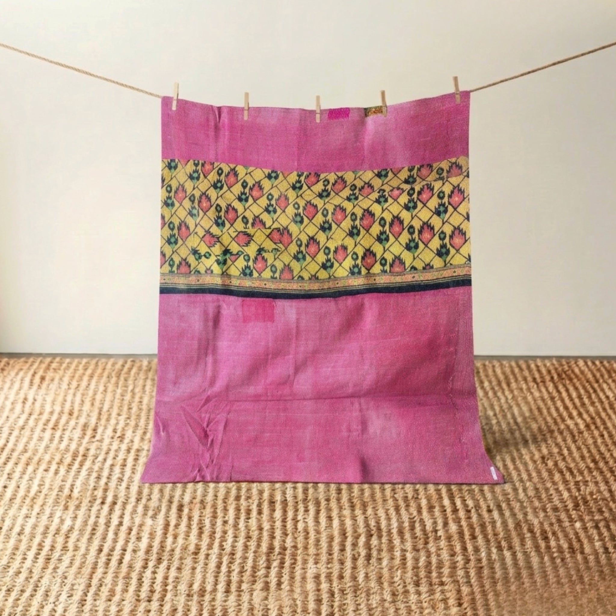 Vintage Indian Kantha Quilt, Yellow, Black with Rose