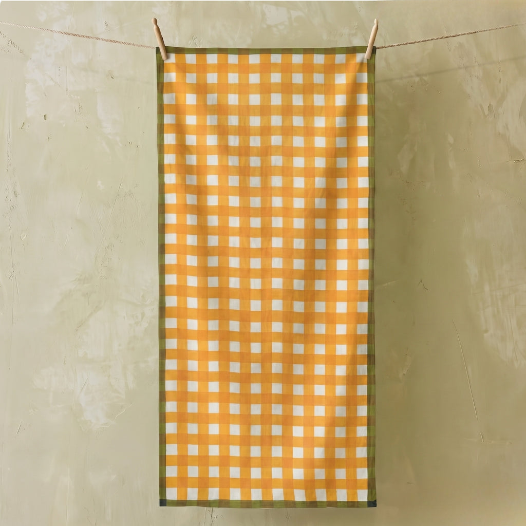 Summerill & Bishop 'Gingham' Linen Tablecloth in Mustard Yellow with Avocado Green Trim