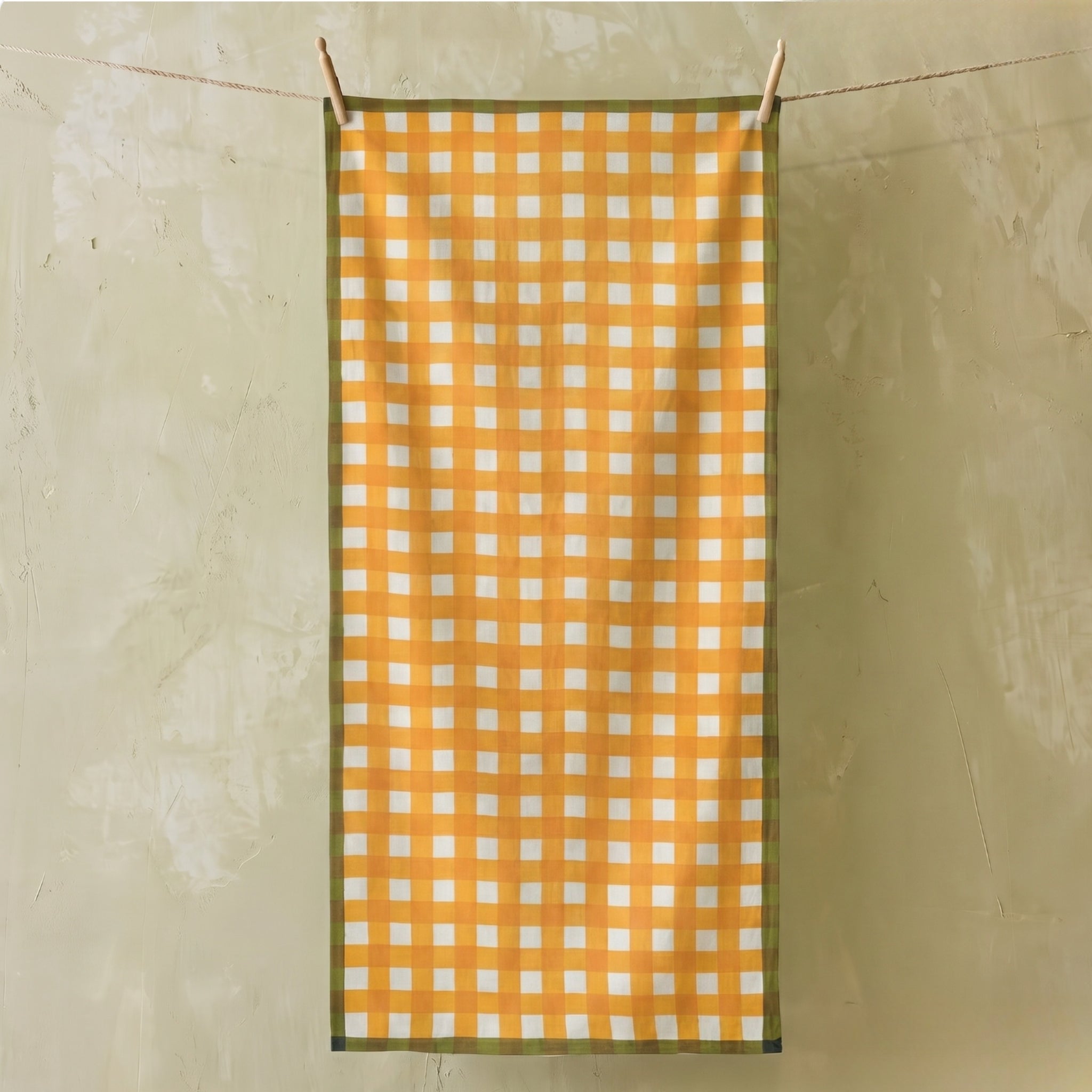 Summerill & Bishop 'Gingham' Linen Tablecloth in Mustard Yellow with Avocado Green Trim