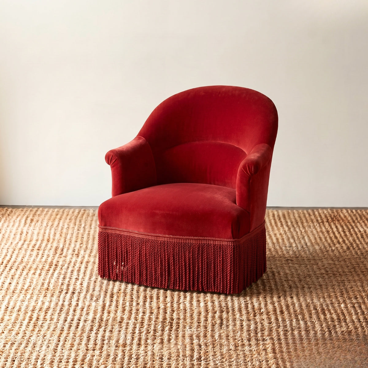 Napoleon III Crapaud Chair in Red Velvet with a Fringed Skirt
