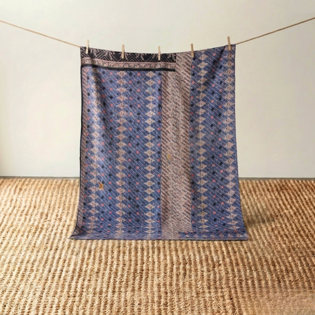 Vintage Indian Kantha Quilt, Indigo & Blush