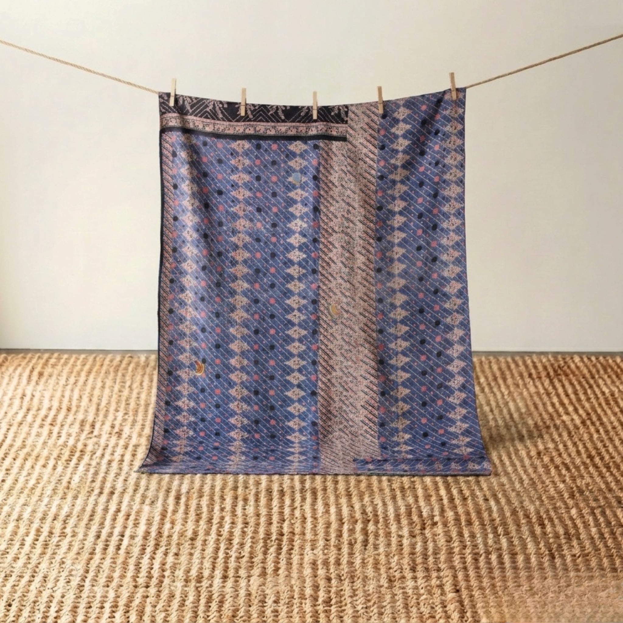 Vintage Indian Kantha Quilt, Indigo & Blush
