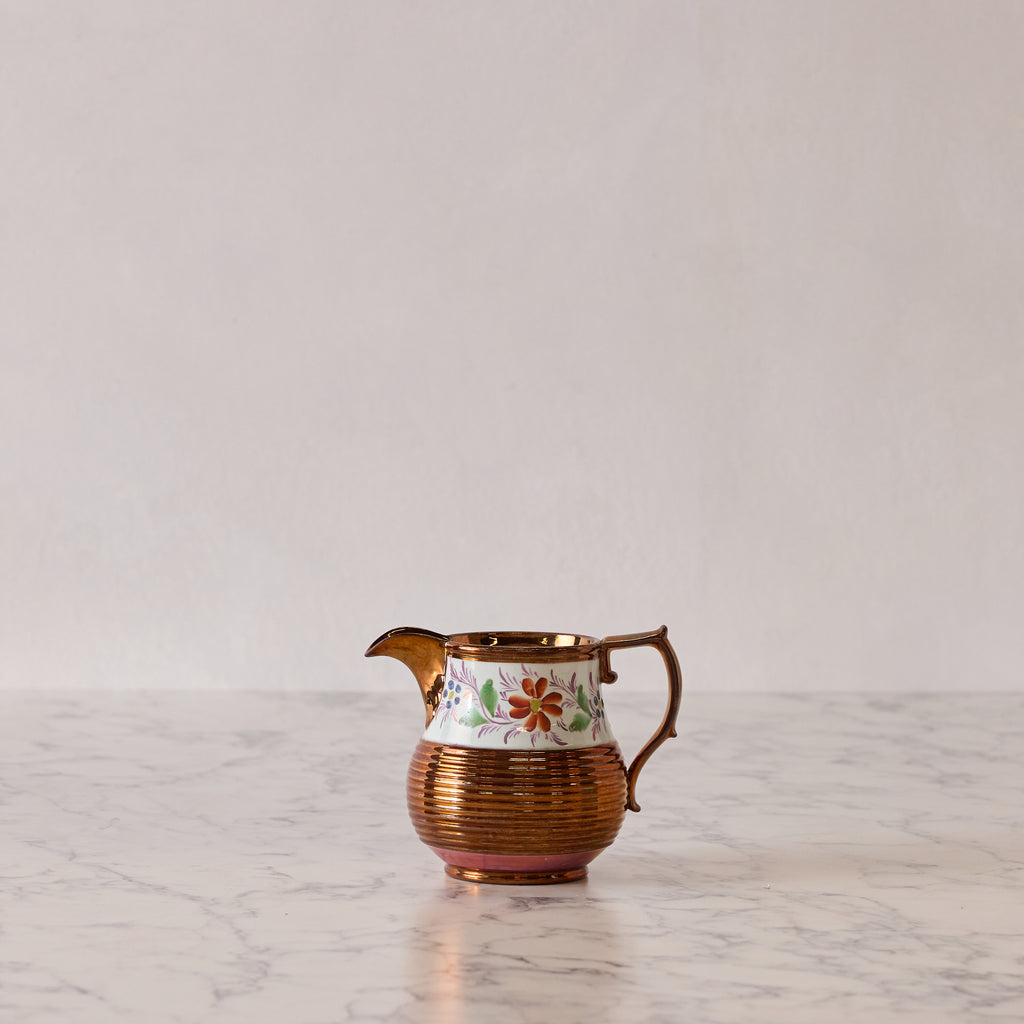 Antique English Lusterware Pitcher, Copper with Ribbed Wildflower Motif