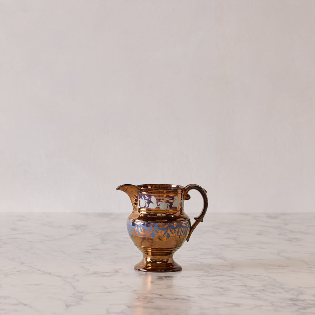 Antique English Lusterware Pitcher, Copper with Blue and Cream Floral Decal