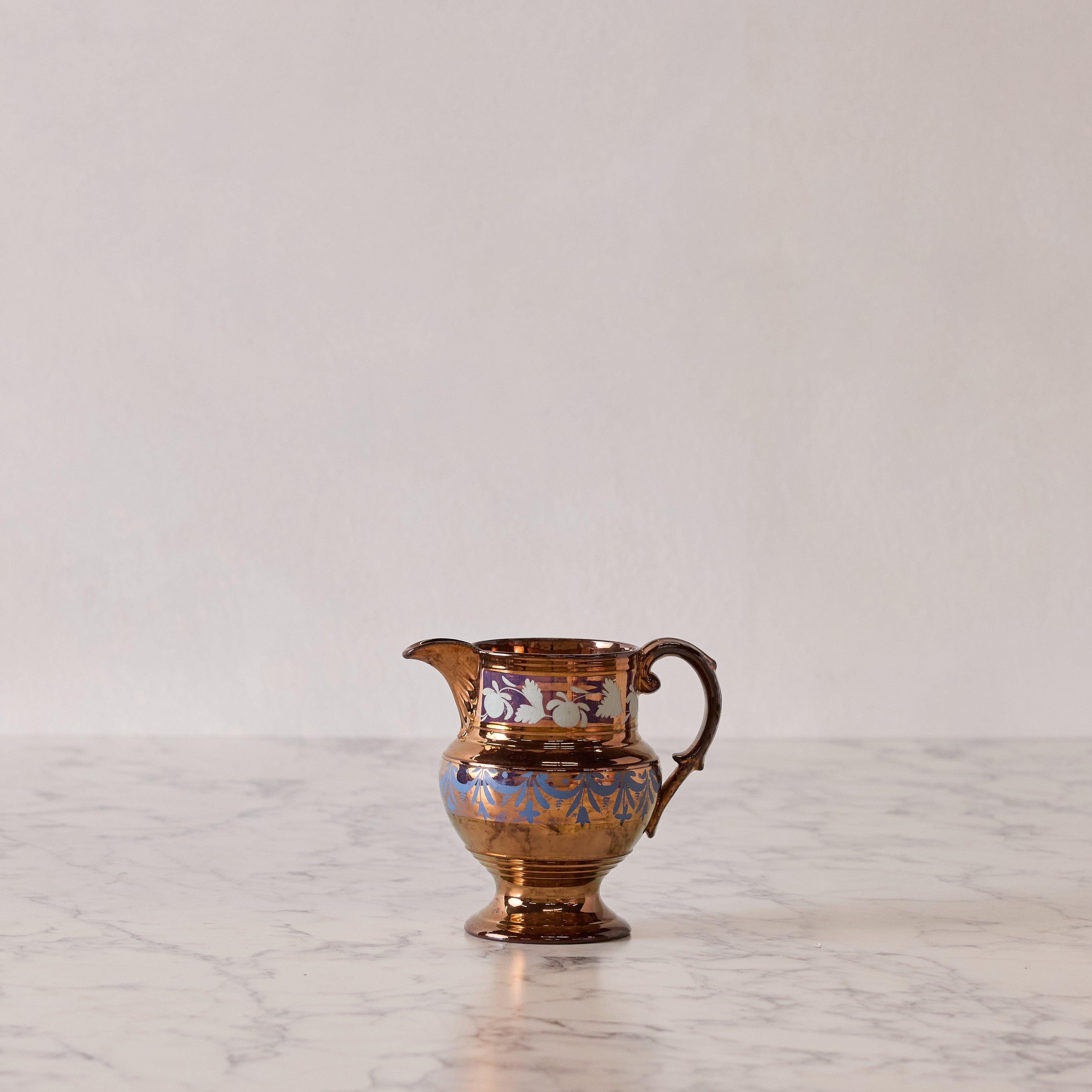 Antique English Lusterware Pitcher, Copper with Blue and Cream Floral Decal