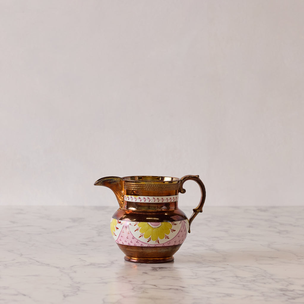 Antique English Lusterware Pitcher, Copper with Pink and Yellow Floral Decal