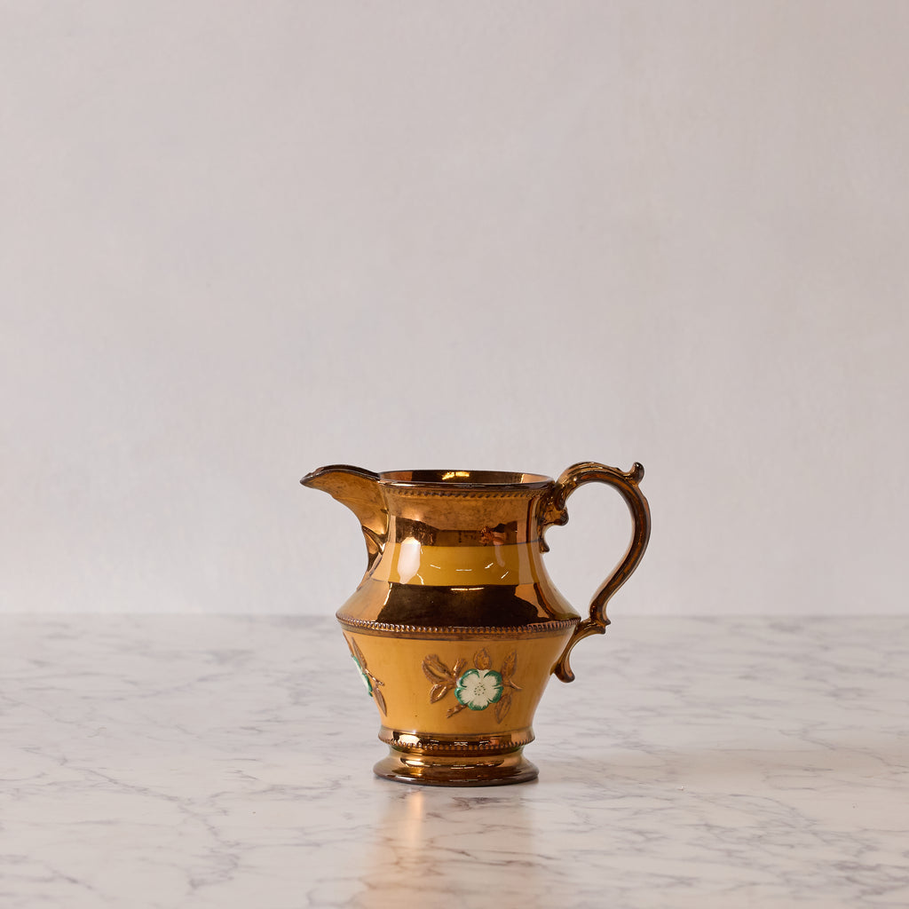 Antique English Lusterware Pitcher, Copper with Orange Stripe and Green Floral Motif