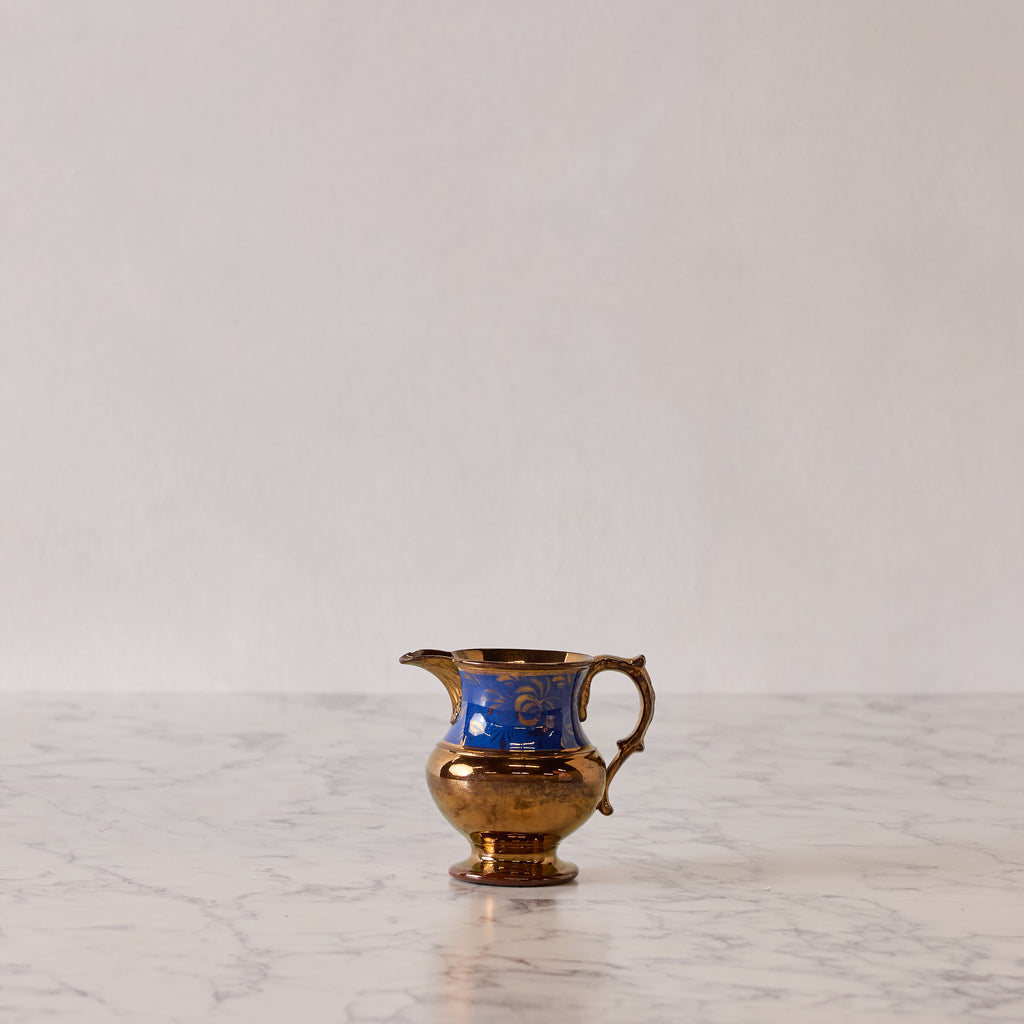 Antique English Lusterware Pitcher, Copper with Royal Blue and Gold Ornament