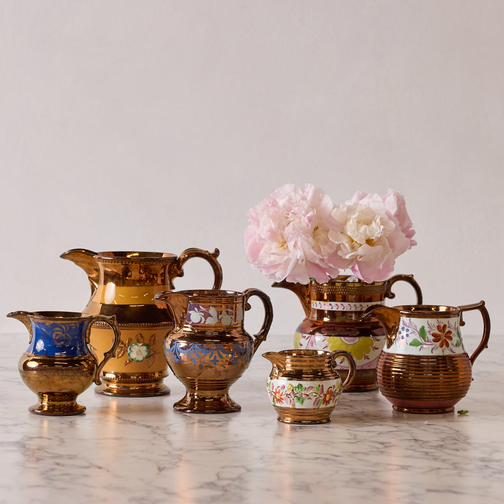 Antique English Lusterware Pitcher, Copper with Royal Blue and Gold Ornament