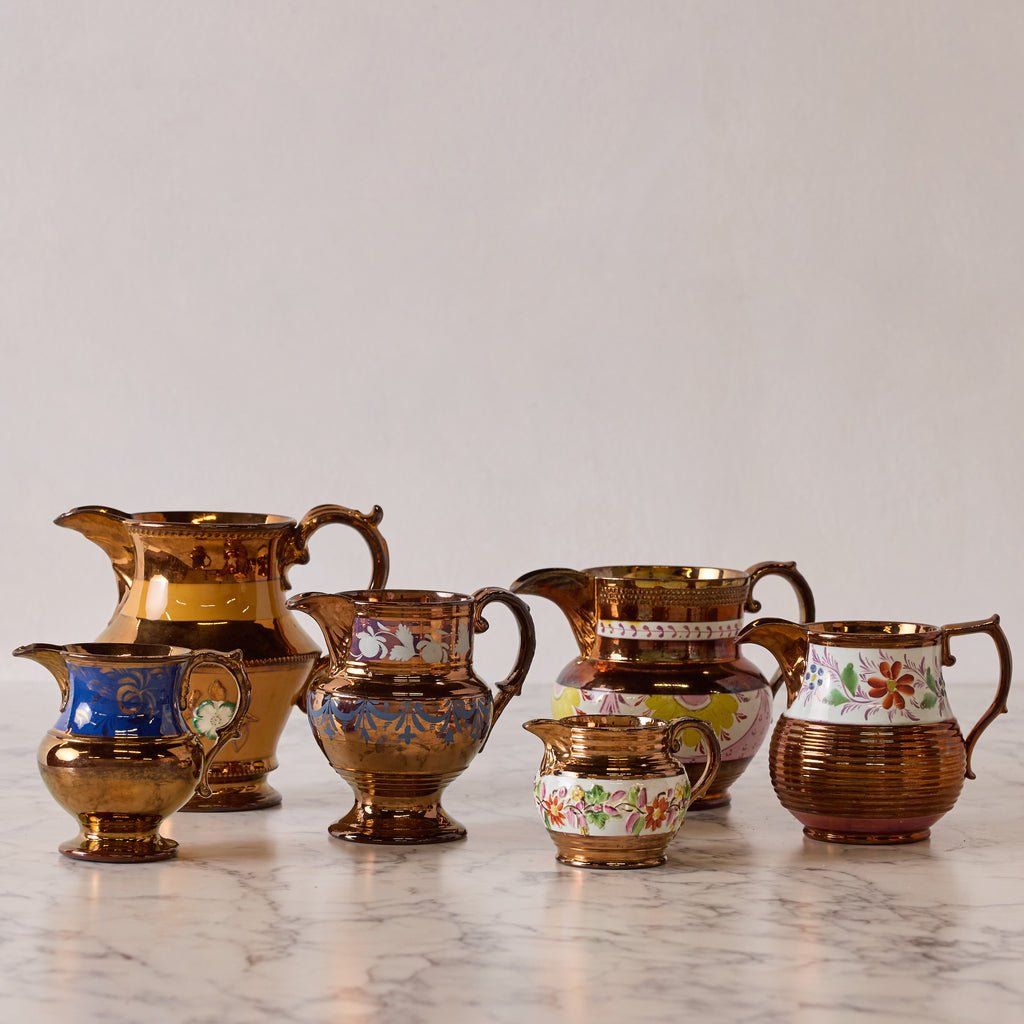 Antique English Lusterware Pitcher, Copper with Royal Blue and Gold Ornament