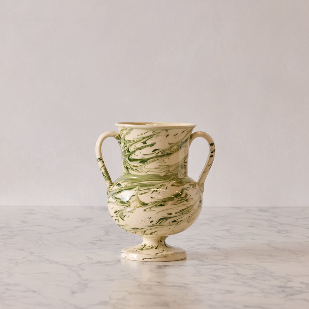 Apulian Amphora Vase in White with Green Marble Glaze