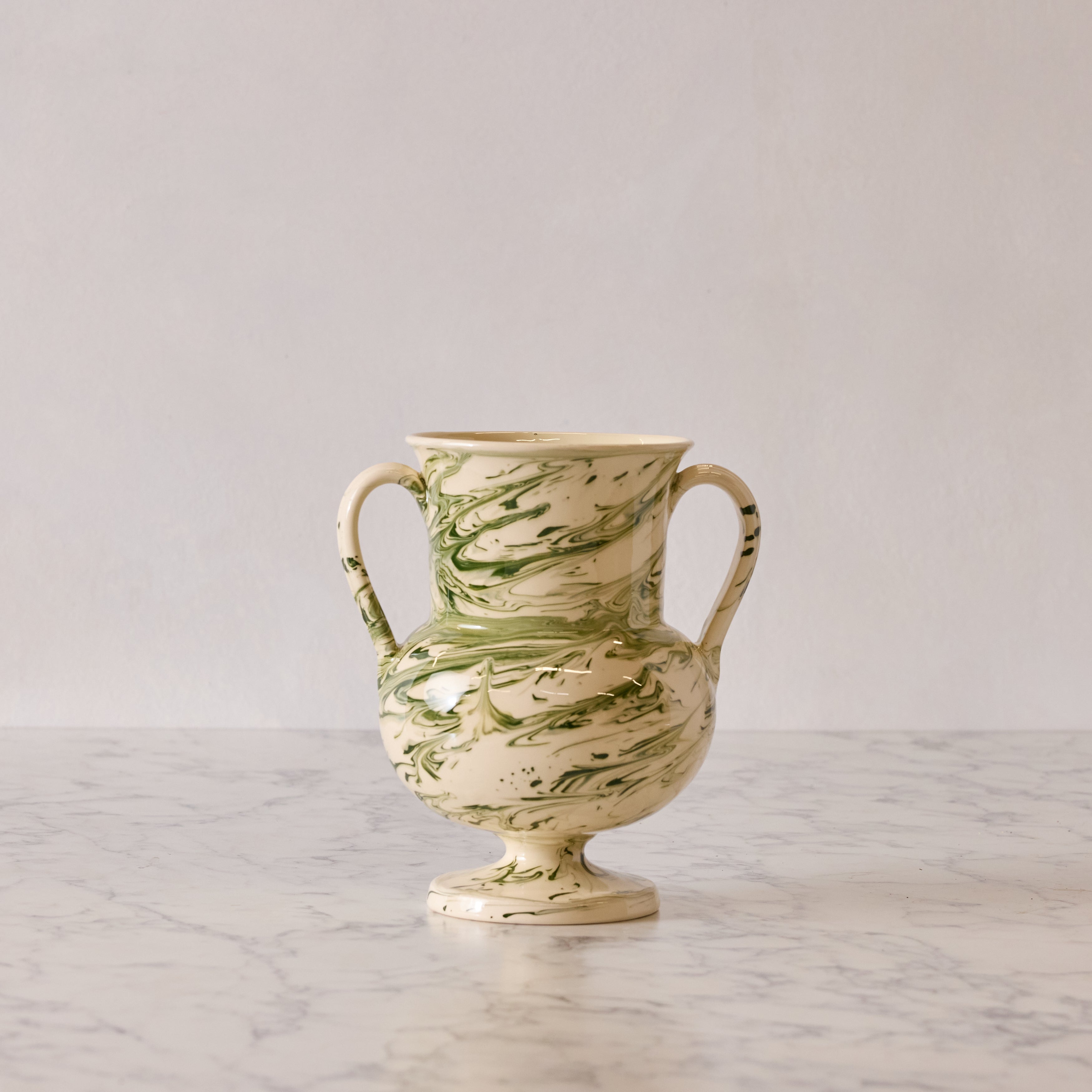 Apulian Amphora Vase in White with Green Marble Glaze