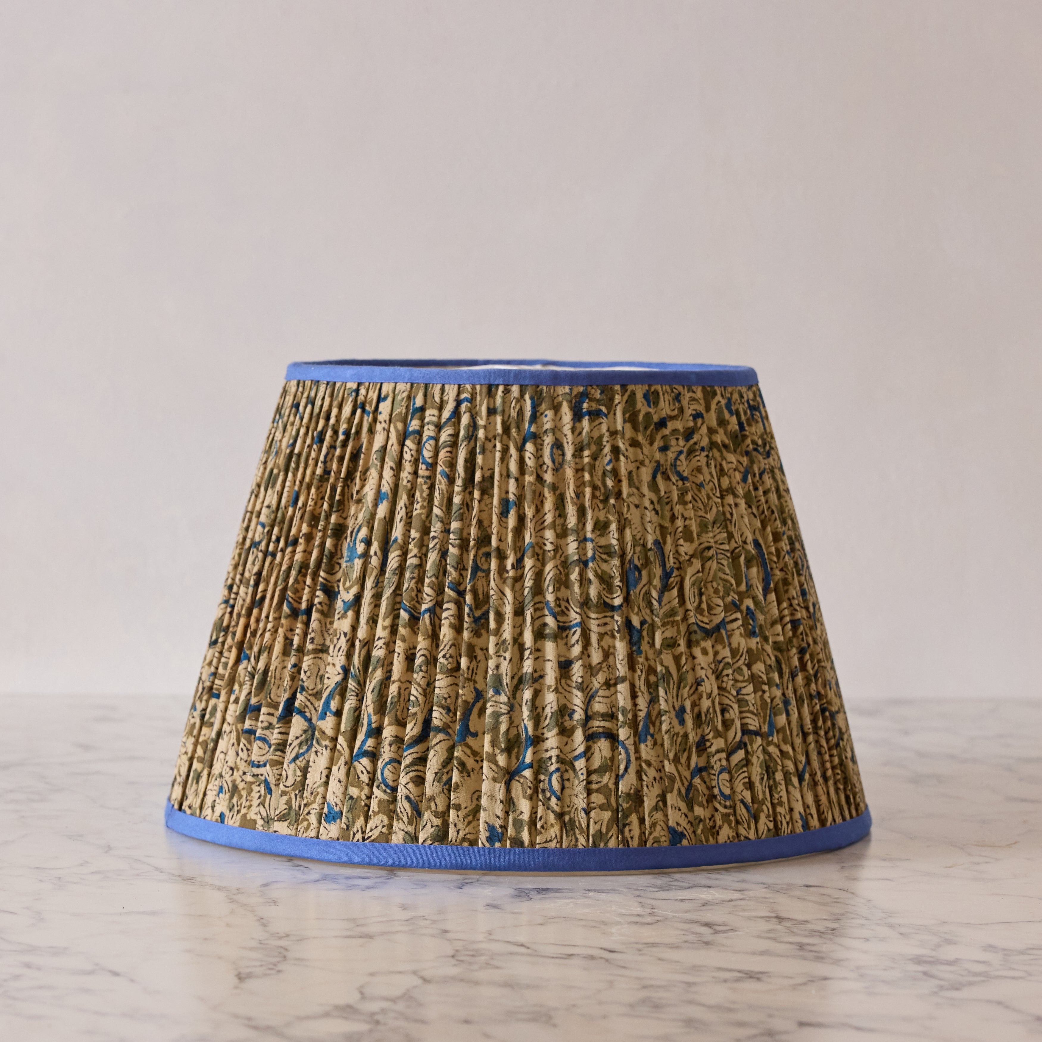 16" Lamp Shade in Hand-Blocked Silk, Denim & Khaki