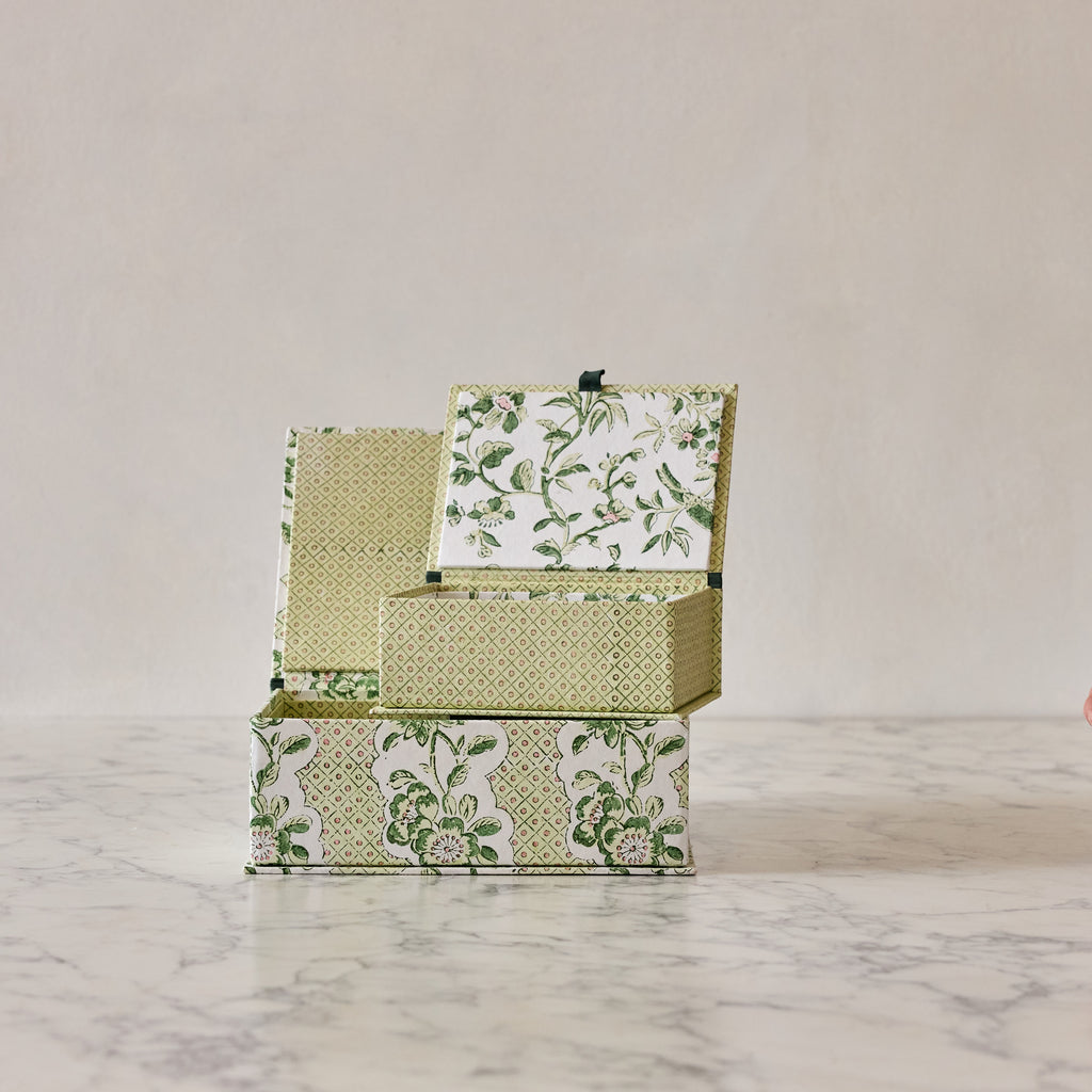 Block-Print Keepsake Box in Green Trellis, Large