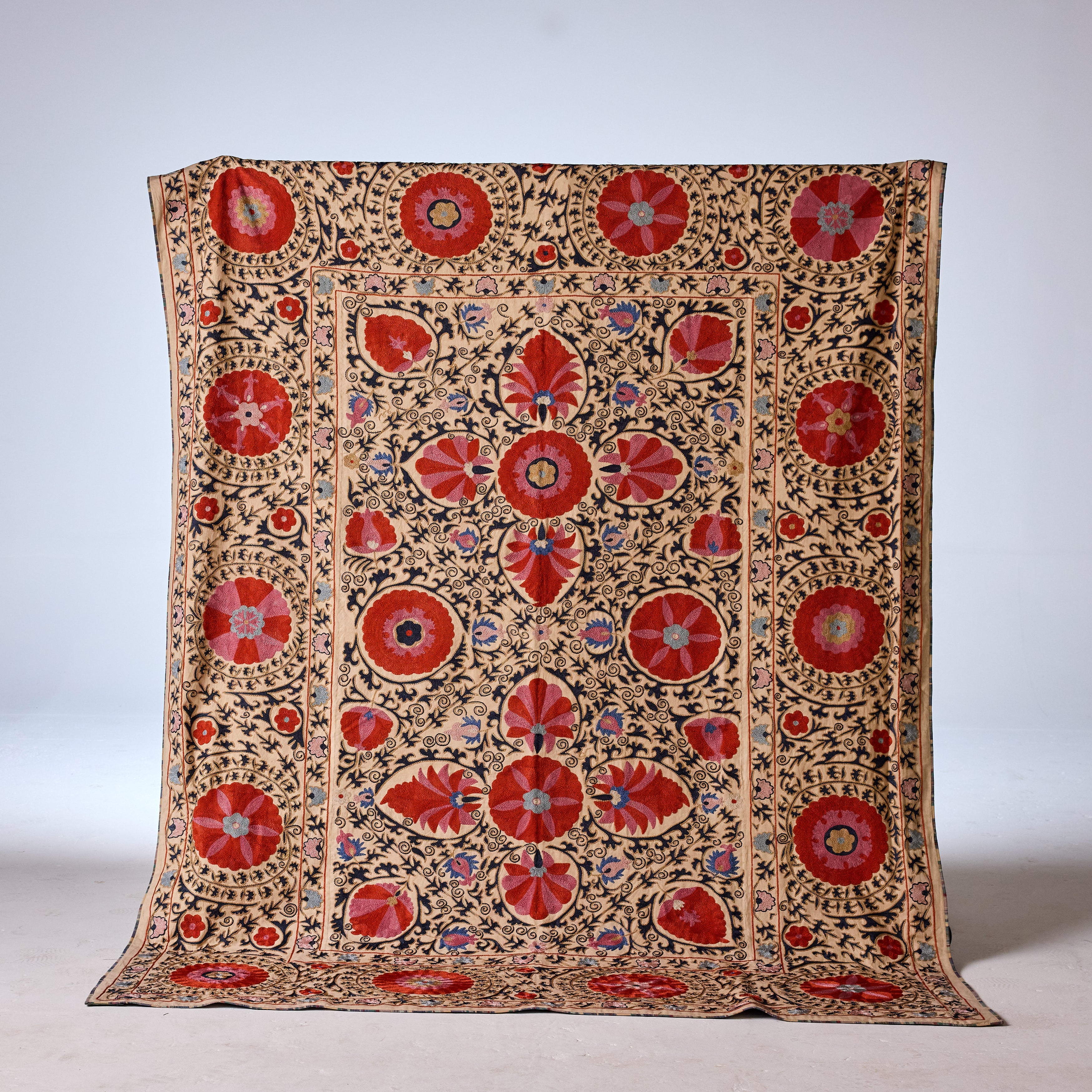 Vintage Uzbeki Suzani, Navy & Red