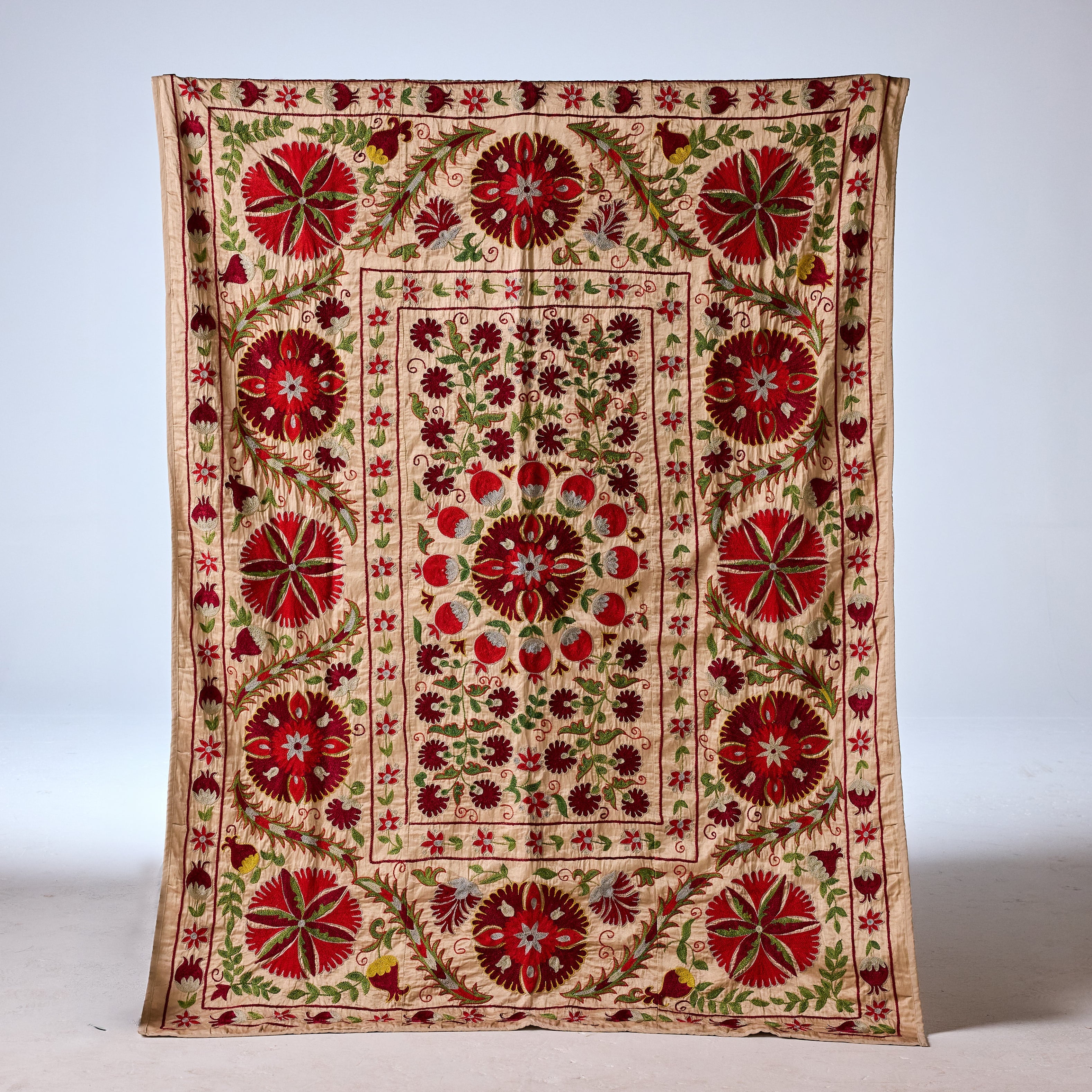 Vintage Uzbeki Suzani, Crimson & Moss