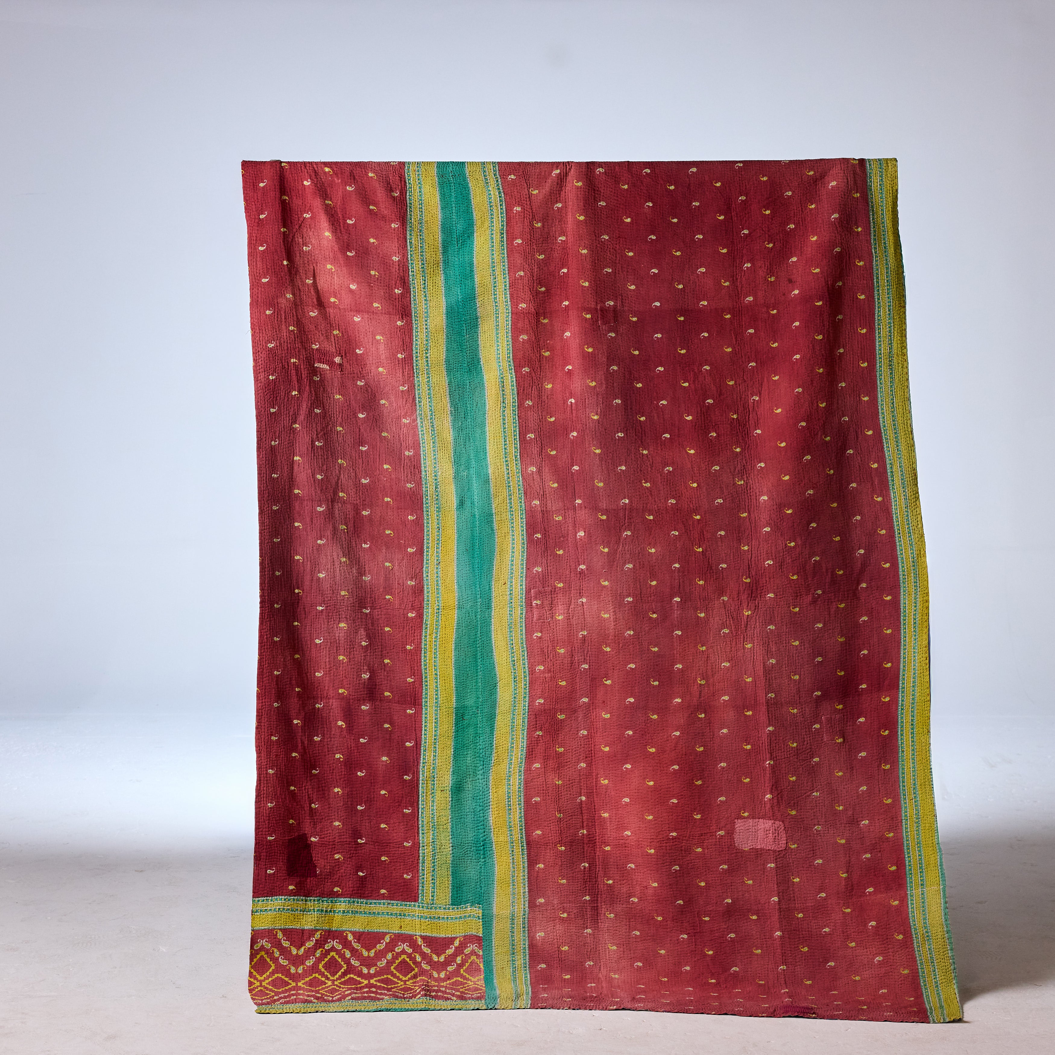 Vintage Indian Kantha Quilt, Indigo & Blush