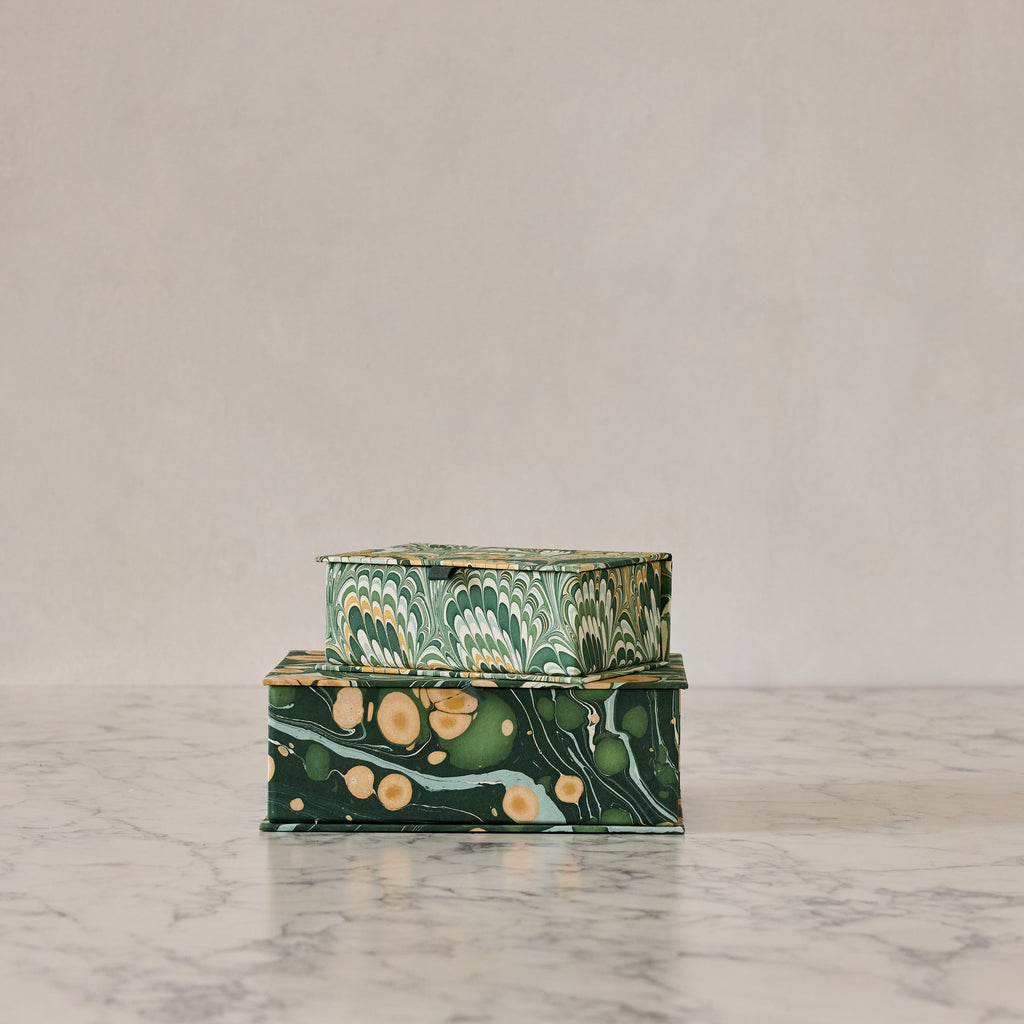 Block-Print Keepsake Box in Green Peacock, Large