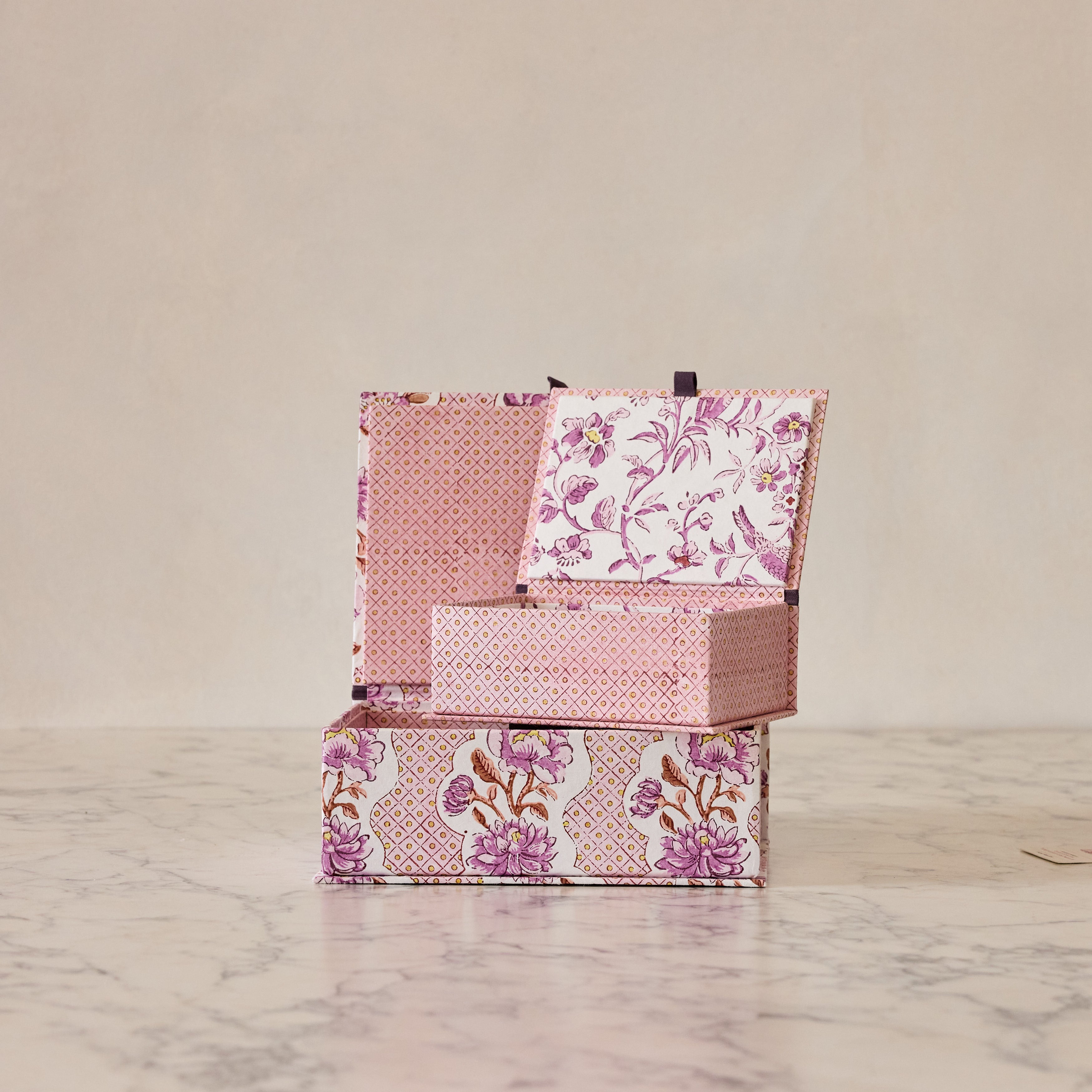 Block-Print Keepsake Box in Pink Trellis, Small