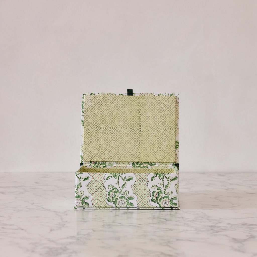 Block-Print Keepsake Box in Green Trellis, Large