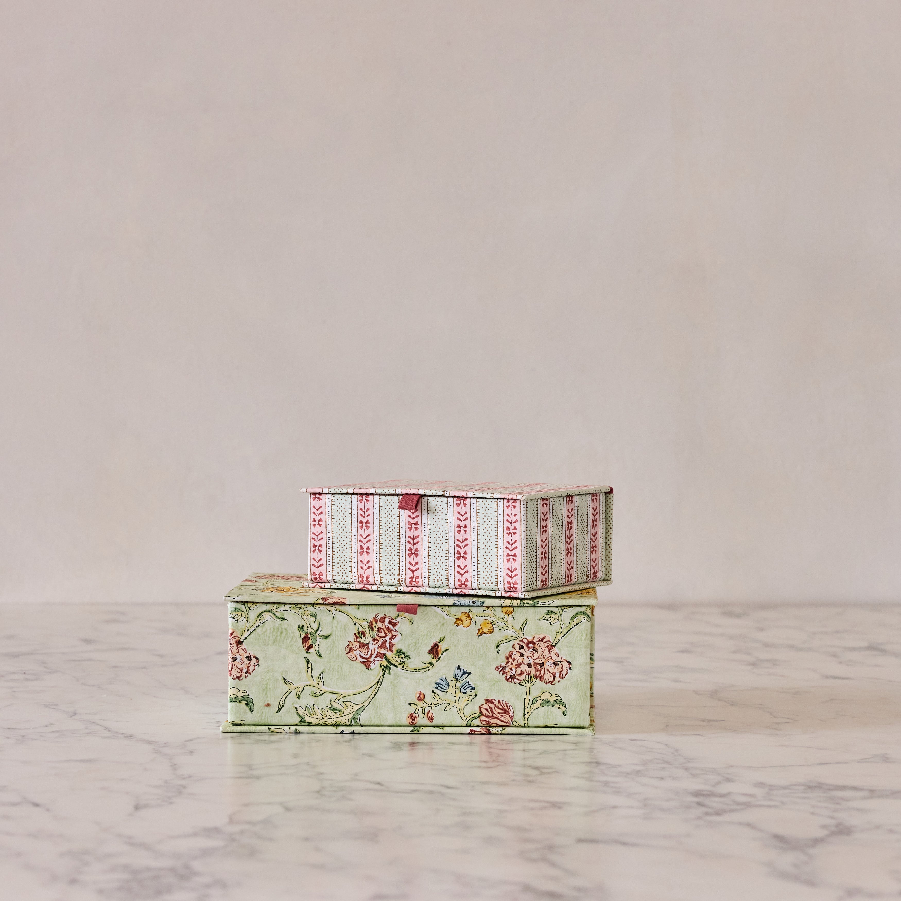 Block-Print Keepsake Box in Mint Rose, Large