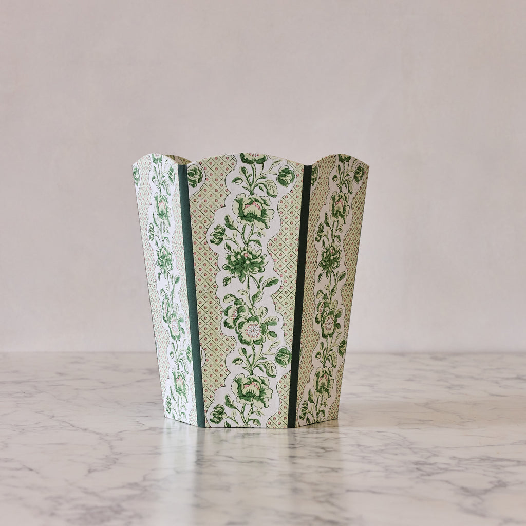 Block-Printed Scalloped Collapsible Waste Basket, Green Trellis