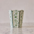 Block-Printed Scalloped Collapsible Waste Basket, Green Trellis