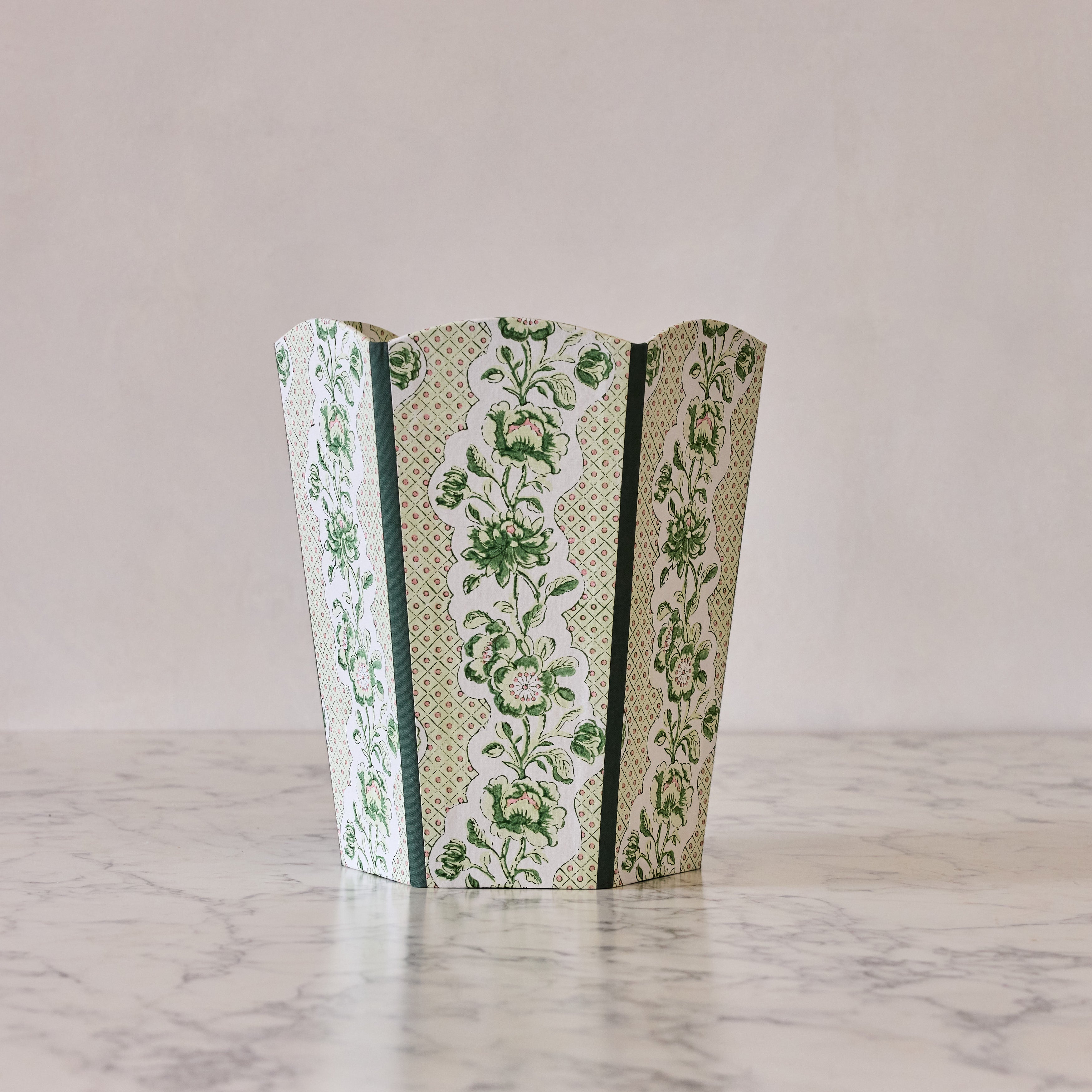 Block-Printed Scalloped Collapsible Waste Basket, Green Trellis